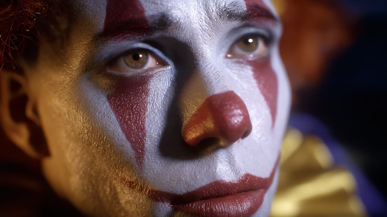 Close-up View of a Clown with Dramatic Makeup, Expressive Eyes, and Distinctive Features Capturing Emotions and the Essence of Clowning Culture