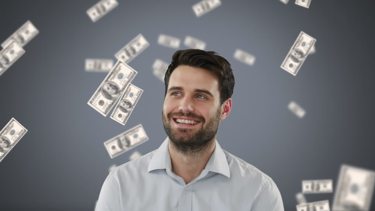 Empresario con dinero en caída libre sobre un fondo gris