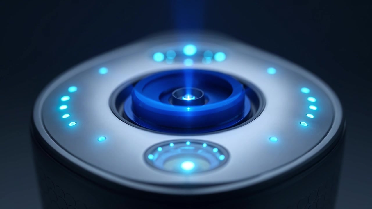 Futuristic Device Activating with Glowing Blue Lights and Energy Beam