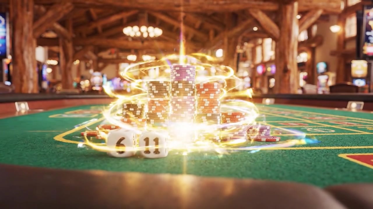 Una vivace scena di casinò con fiches da poker impilate e dadi su un tavolo verde, che cattura il brivido del gioco d'azzardo in un ambiente rustico ed elegante.