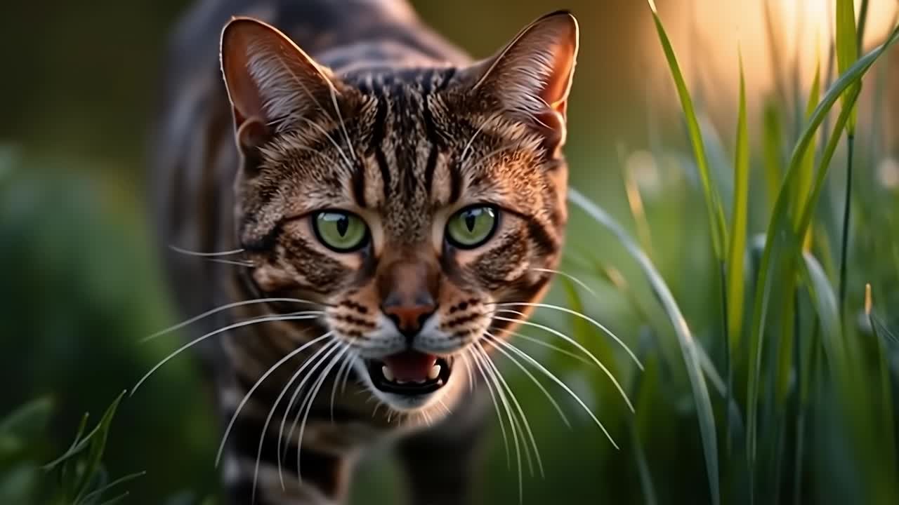 A close up of a cat with green eyes in the grass