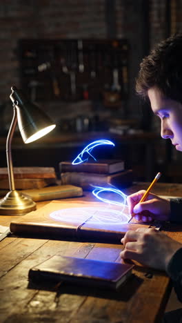 young man drawing a glowing magical symbol on a desk