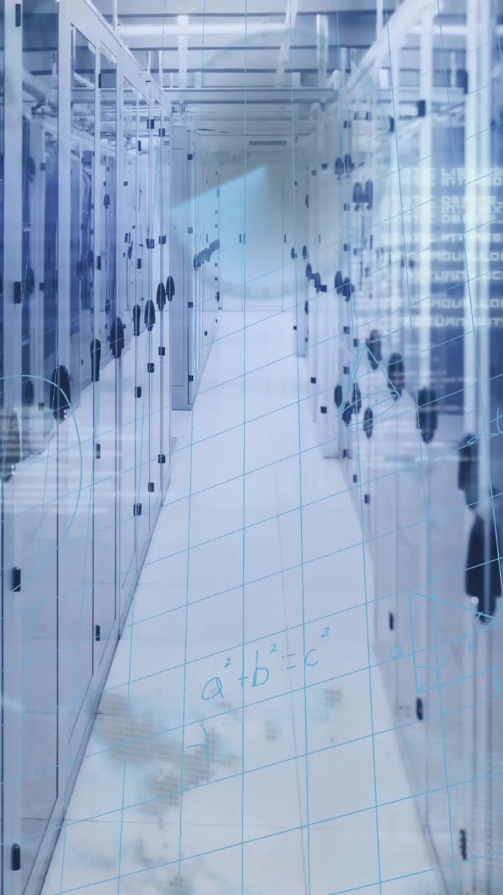 Animation of financial data processing over business people walking in office