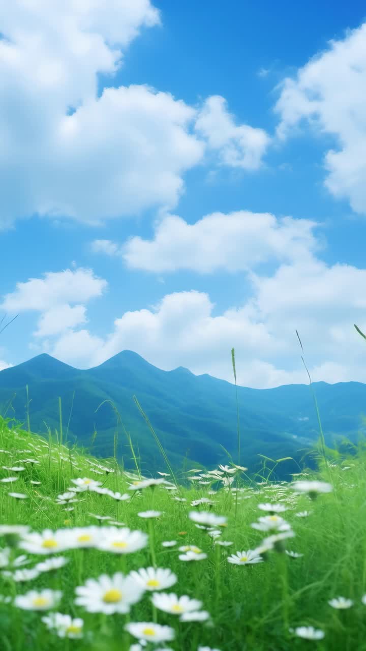 A low-angle video frame captures a serene meadow with daisies, leading to distant mountains