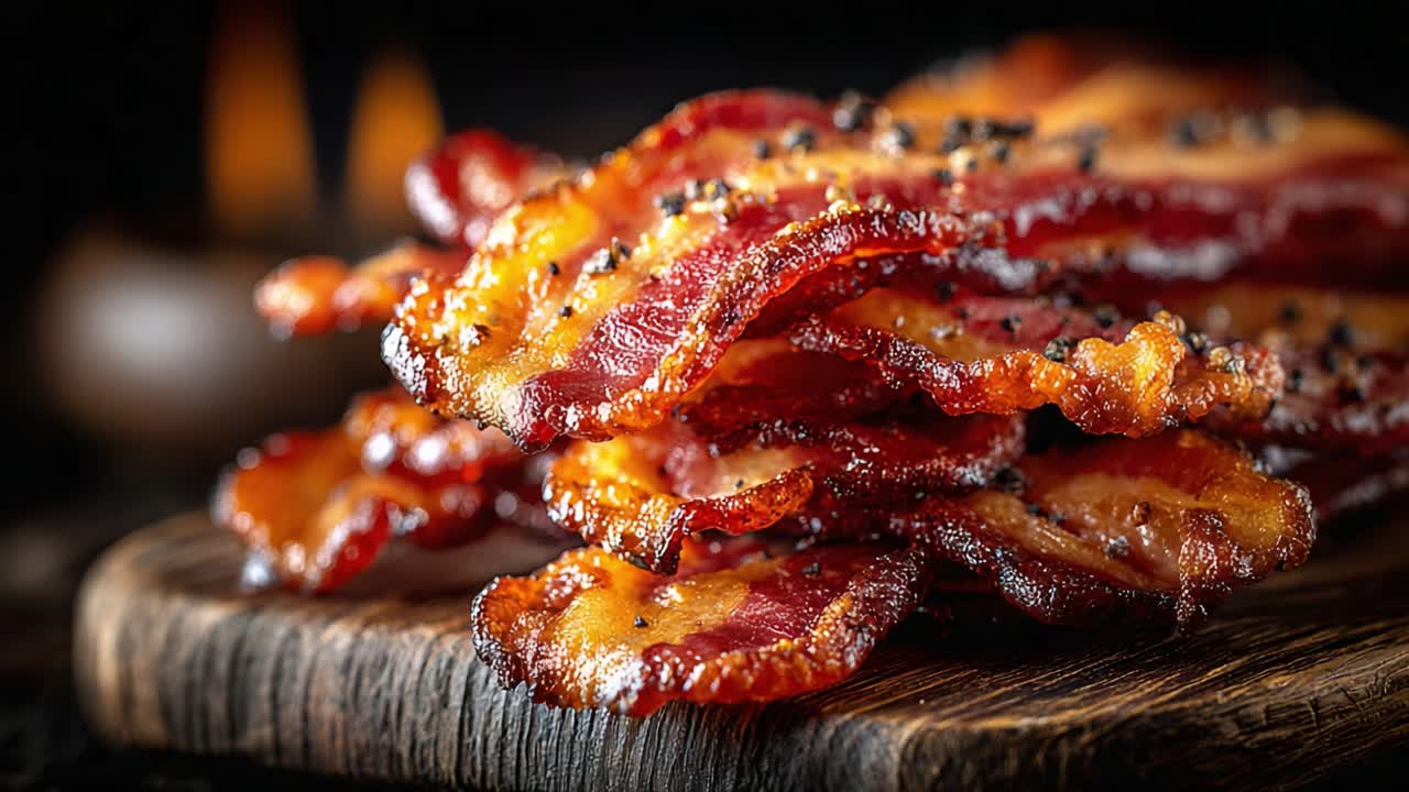Sizzling Close-Up of Crispy Bacon Strips Perfectly Cooked to a Golden Crunch, Impressively Plated on a Rustic Wooden Board with Subtle Warm Lighting