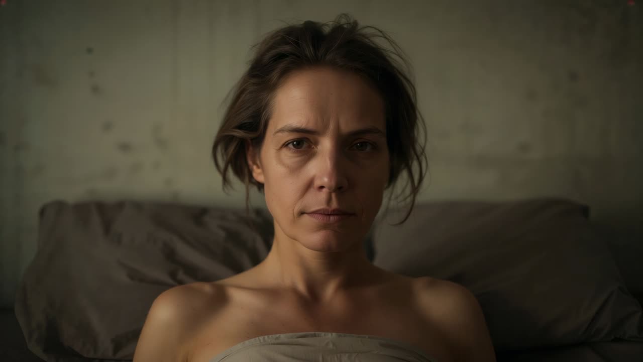 Avvio della camera, donna avvolta in un lenzuolo neutro che fissa il letto, con cuscini