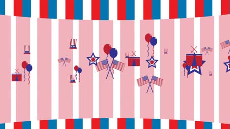 Animation-of-ballons,-stars-and-hats-moving-over-american-flag