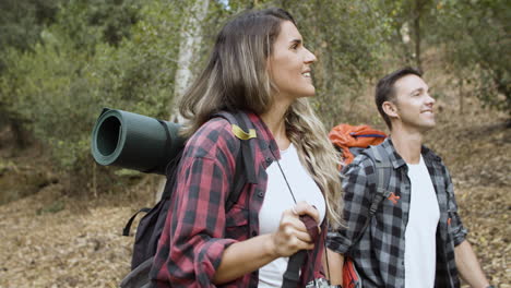 happy excited active tourists looking around at landscape