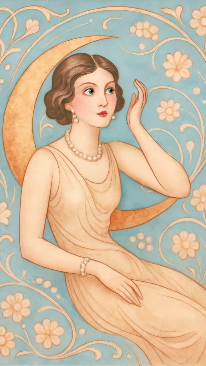 Elegante vintage illustratie van een vrouw in een wapperende jurk, zittend op een maansikkel