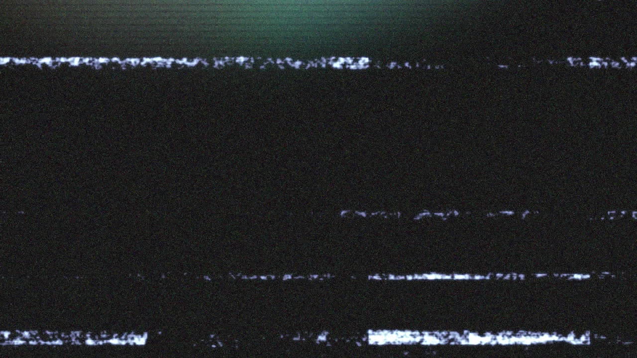 Animation of video playback interface, with lines of white interference and flashes of blue on black