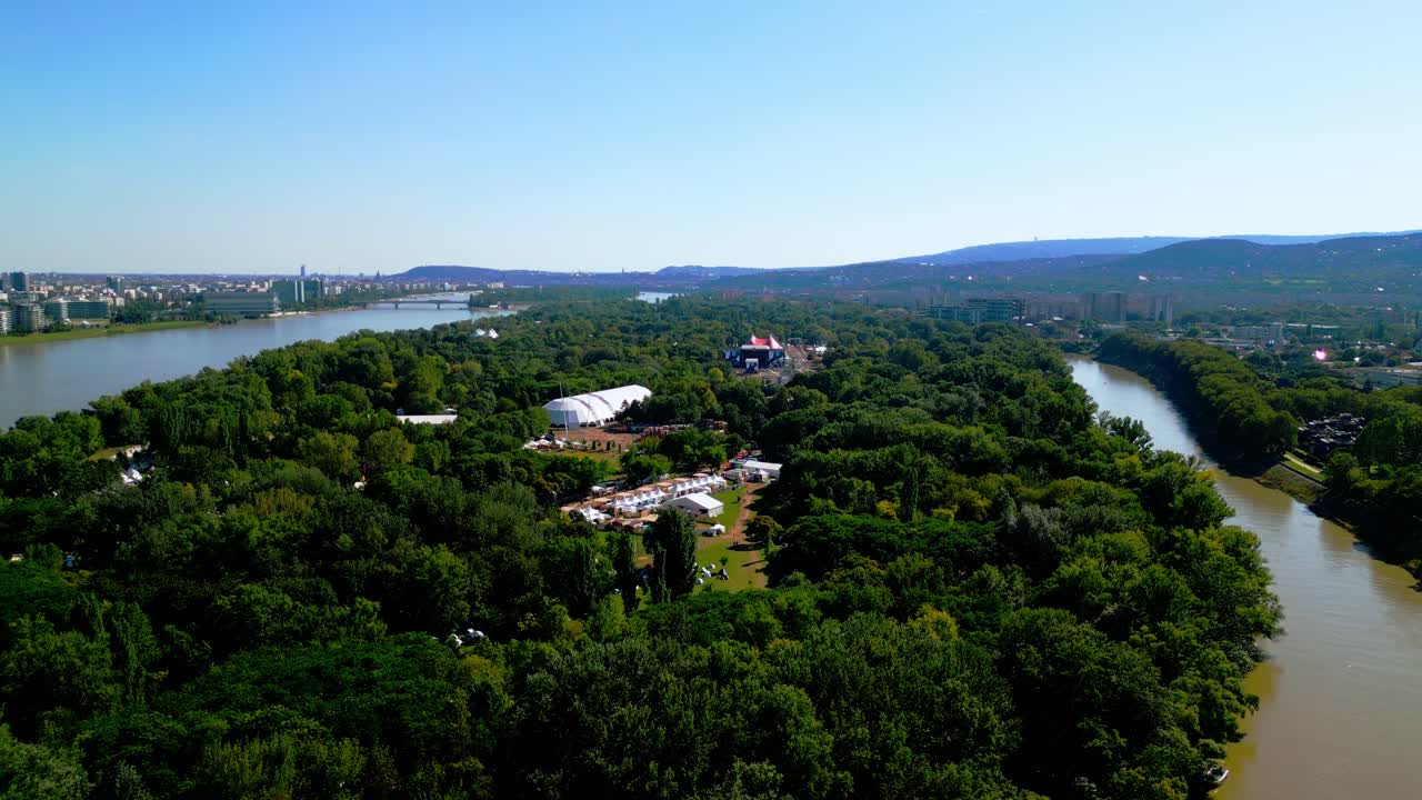 Aerial View Over Sziget Festival In &Oacute;buda Island, Budapest, Hungary - drone shot