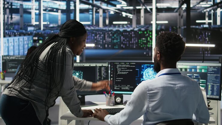Manager supervising data center engineer using AI neural network models