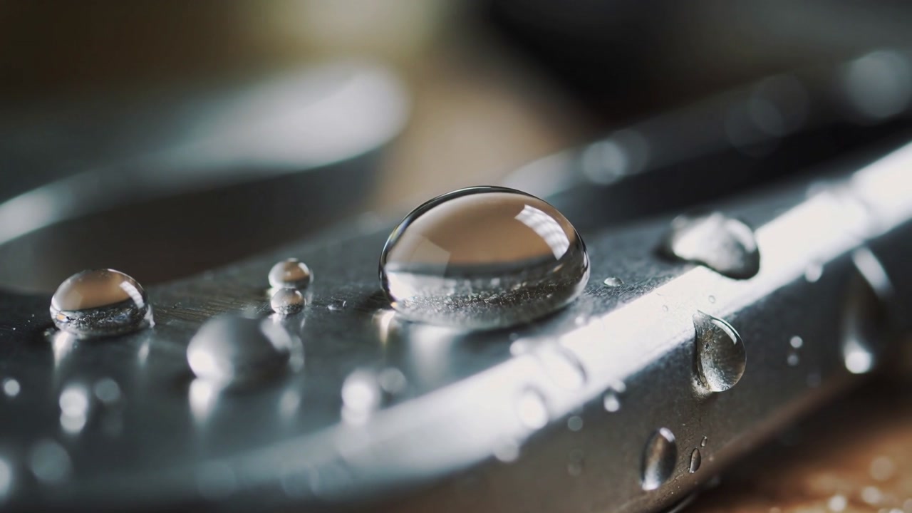 Recording central water droplet flattening on curved metal ridge on wood table, with highlights