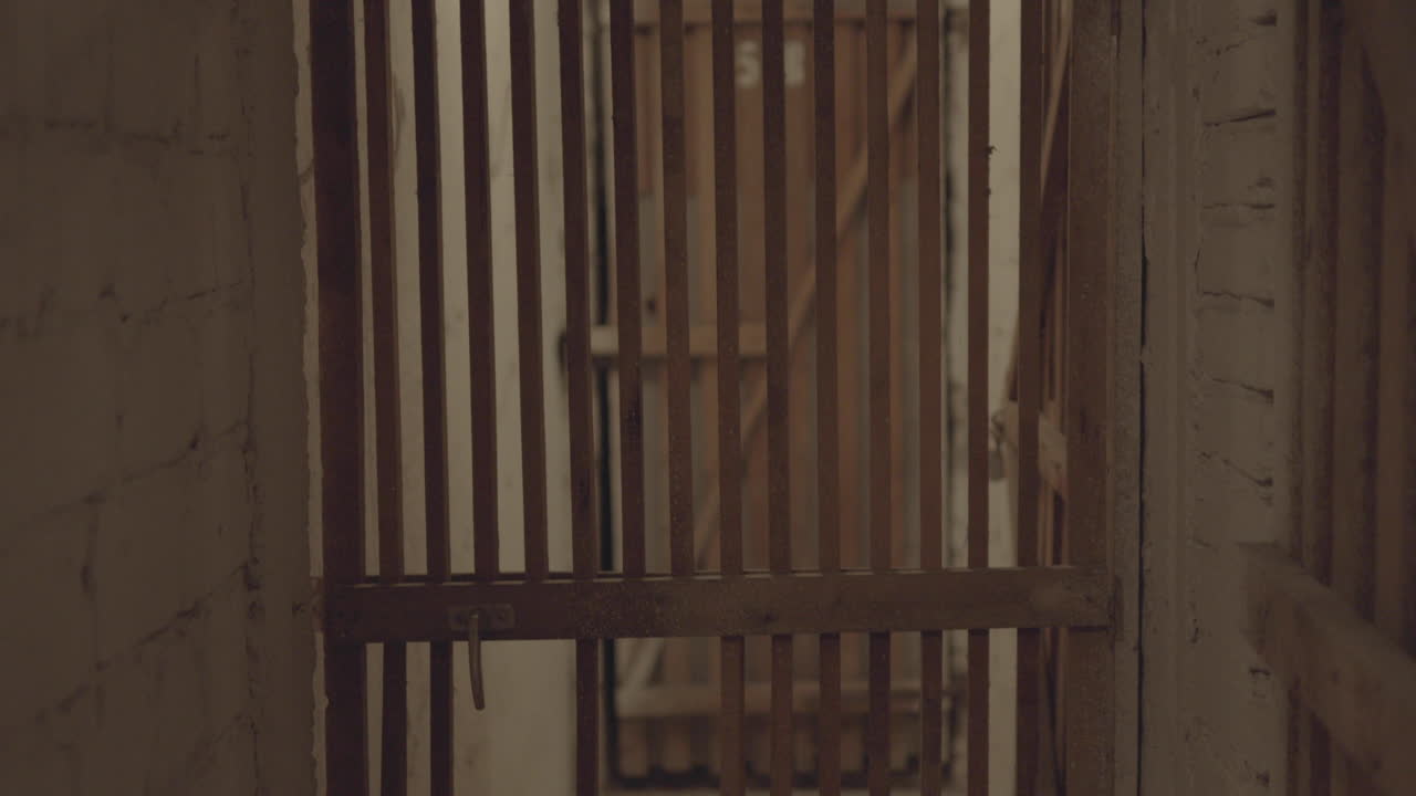 una vieja puerta de madera con barras está ligeramente abierta, revelando una pista de la habitación más allá