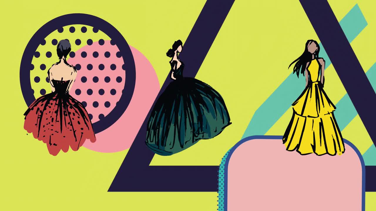 Animation of fashion drawings of women's dresses over abstract shapes on yellow background
