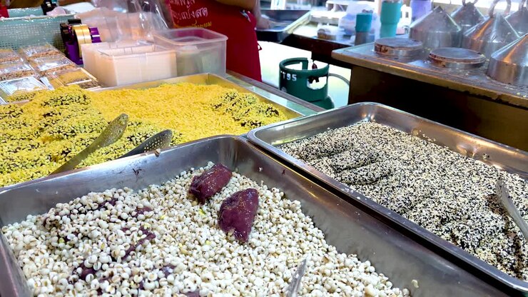 Vibrant food display at a bustling market