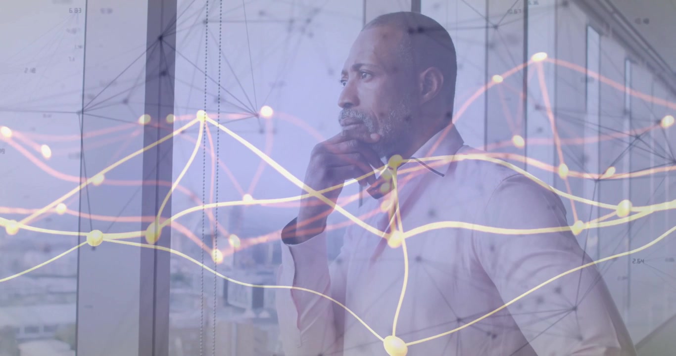 Thoughtful Businessman Looking Out Office Window with Digital Data Overlay