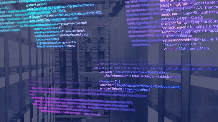 Animation of data processing and light trails against computer server room