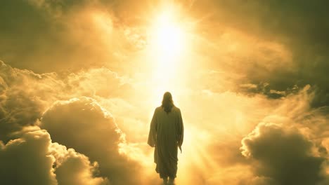 a divine figure walks towards a bright light in the clouds, captured from a low-angle