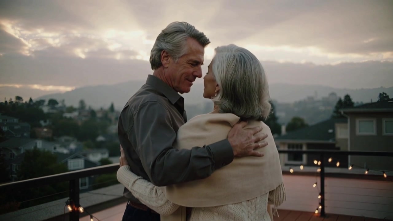 Draping shawl, man in shirt embracing woman in knit sweater on rooftop at dusk, watching sunset