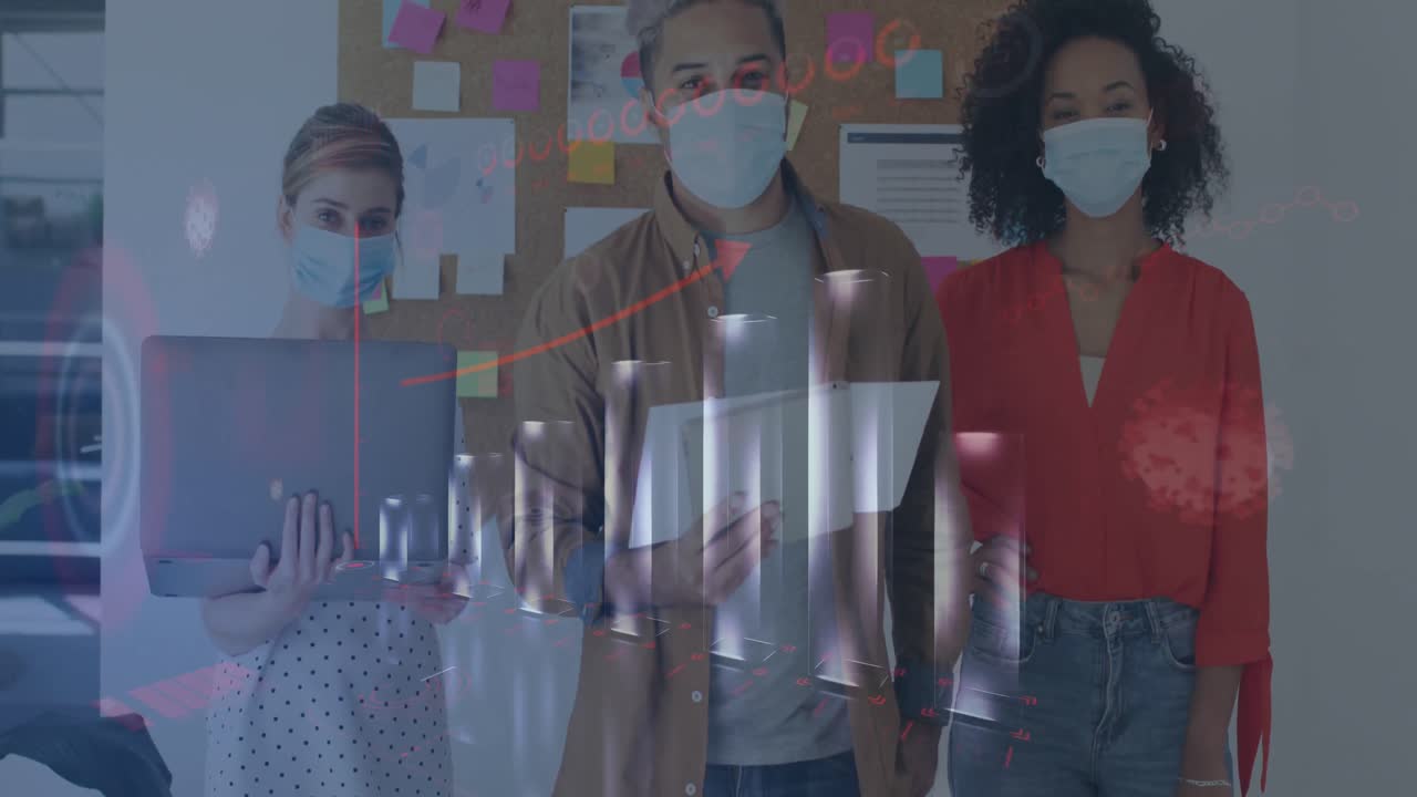 Animation of digital interface showing statistics with colleagues in office wearing face masks