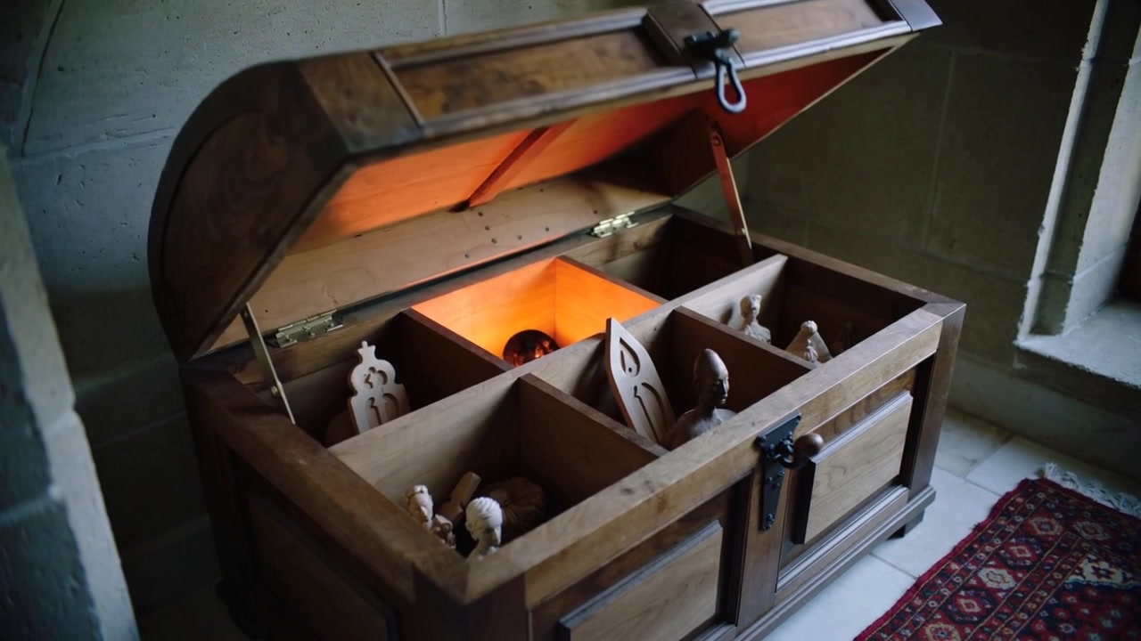 Releasing front latch, domed wooden chest lifting lid at stone chamber, revealing glowing figurines