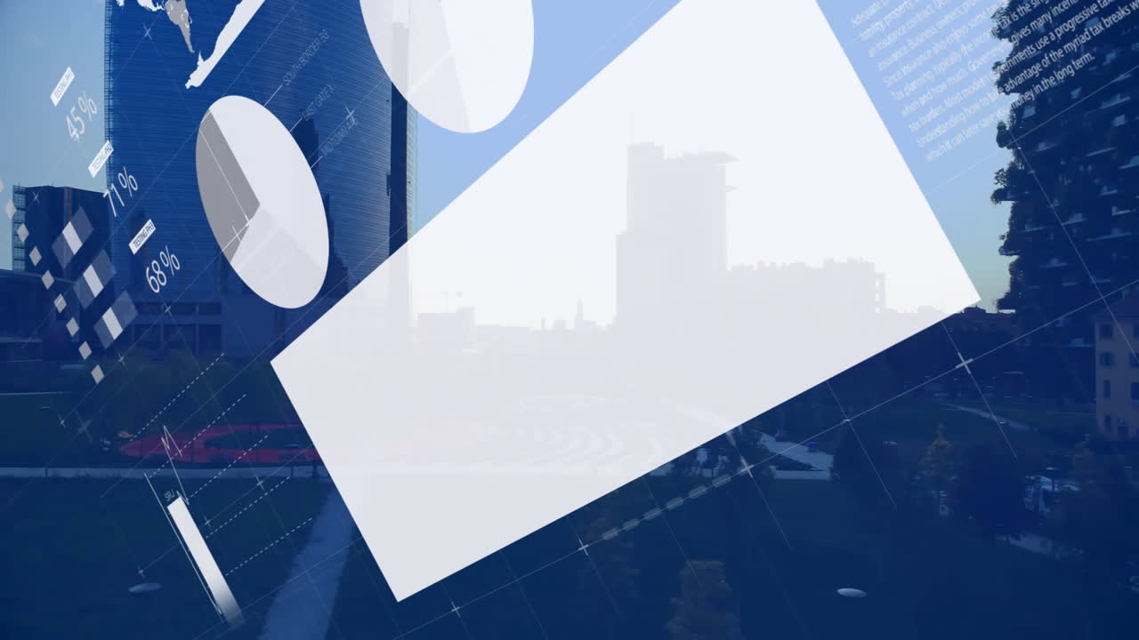 Animating data visualization overlays over urban cityscape, showing circles, polygon, grid lines