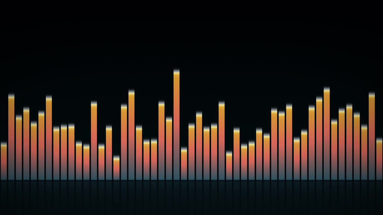 Questa immagine digitale astratta mostra un equalizzatore audio con barre colorate che pulsano su uno sfondo scuro, rappresentando onde sonore e tecnologia moderna.