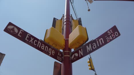 Establishing-shot-of-East-Exchange-and-North-Main-street-signs-in-Fort-Worth,-Texas