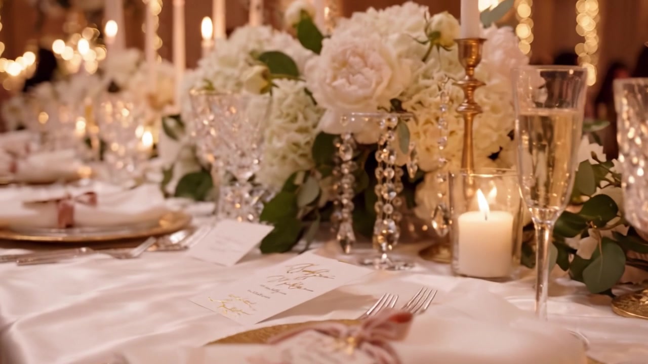Tavolo da pranzo elegantemente apparecchiato per un evento formale, con candele e composizioni floreali che creano un'atmosfera romantica per il piacere degli ospiti.