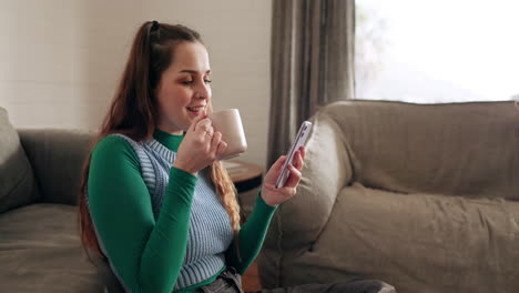 Phone,-coffee-and-woman-laughing-in-living-room