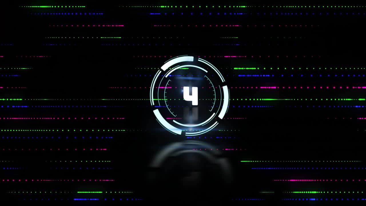 Futuristic circular countdown displaying number four in interface, glowing rings reflecting below