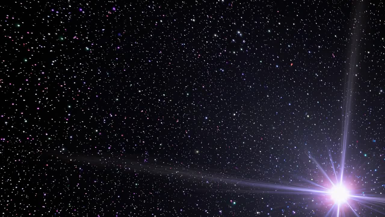 A wide-angle video captures a vast starry night sky with a bright starburst effect, creating a sense