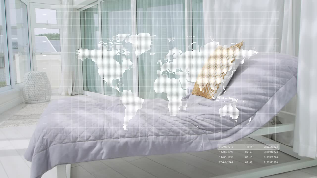 Sunlight pouring through panes starting map overlay pulsing graph near chaise lounge trending data