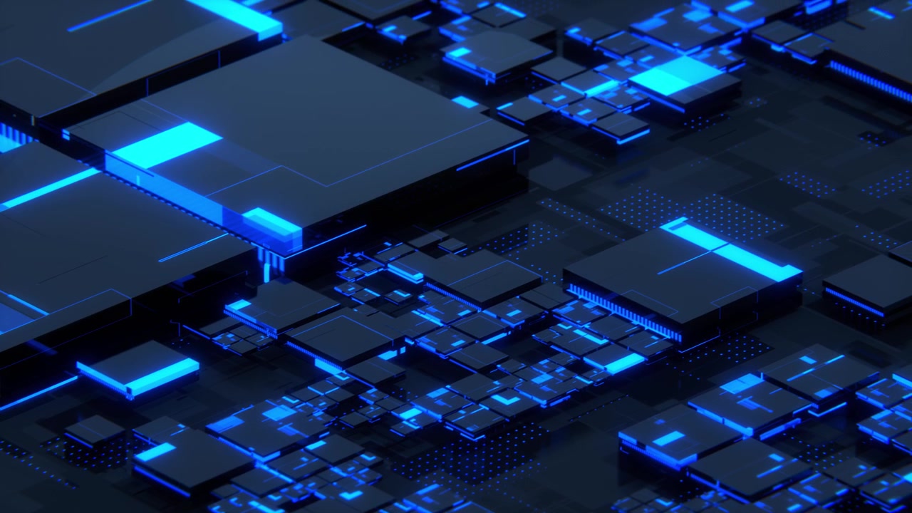 Abstract Futuristic Digital Circuit Board With Blue Glowing Lights