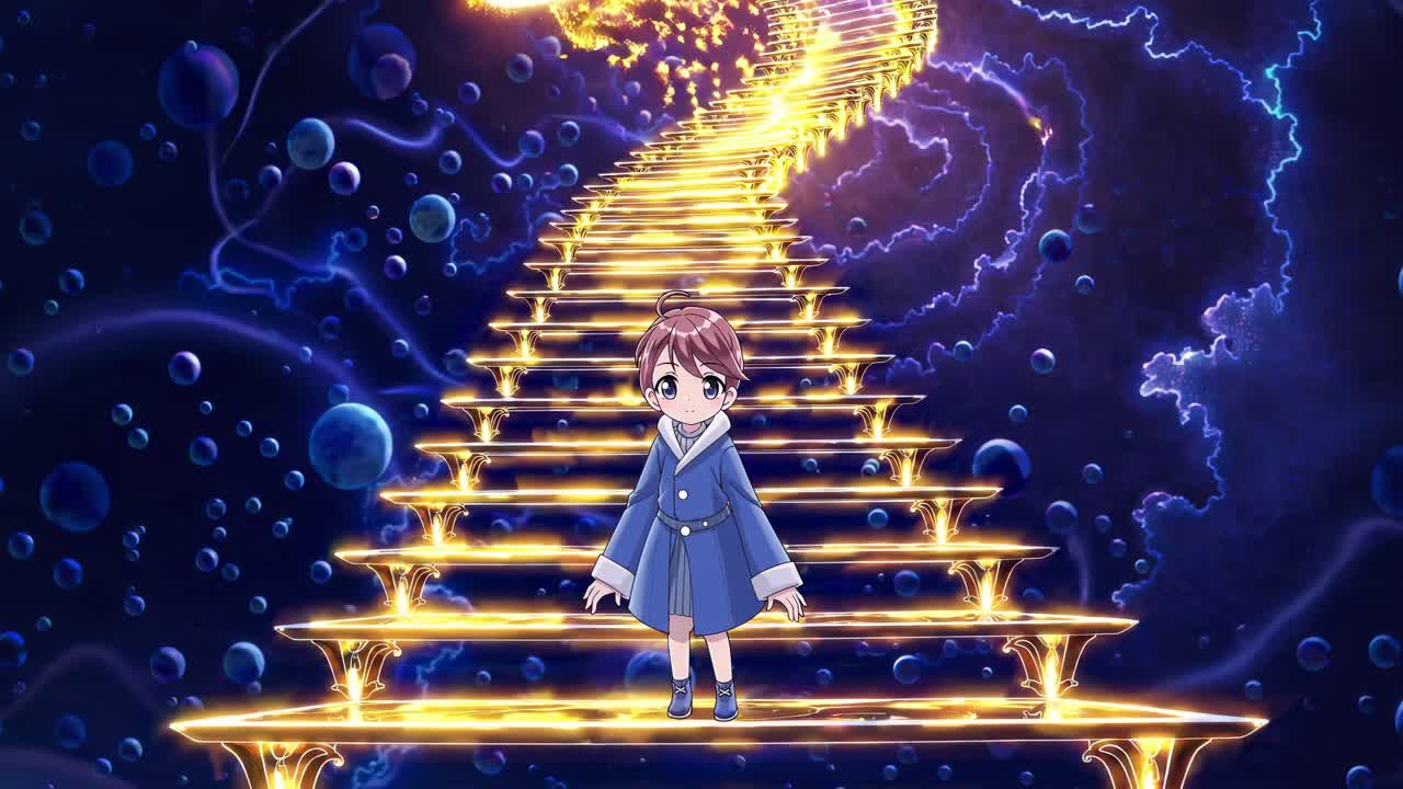 행성, 성운, 그리고 번개가 있는 마법의 우주로 향하는 황금 계단의 시작에 서 있는 젊은 마법사의 애니메이션