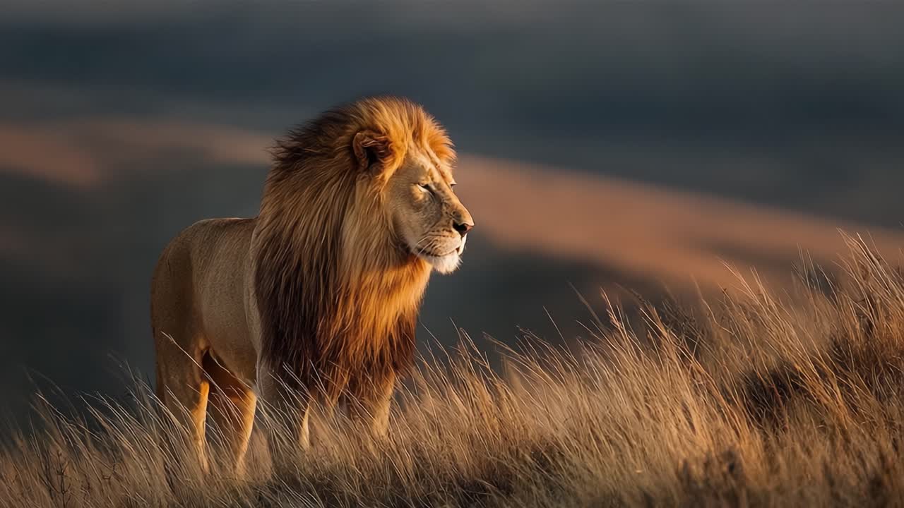 Majestátní lev sebevědomě kráčející zlatými trávami za soumraku, symbolizující sílu, ušlechtilost a nespoutaného ducha divoké přírody.