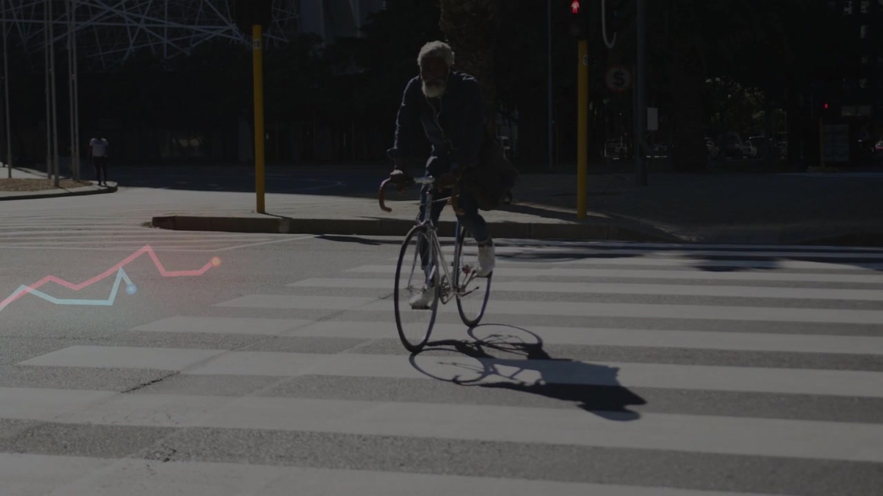 Cyclist entering, pedaling zebra crosswalk commuting, shadow shifting, left overlay noninteracting