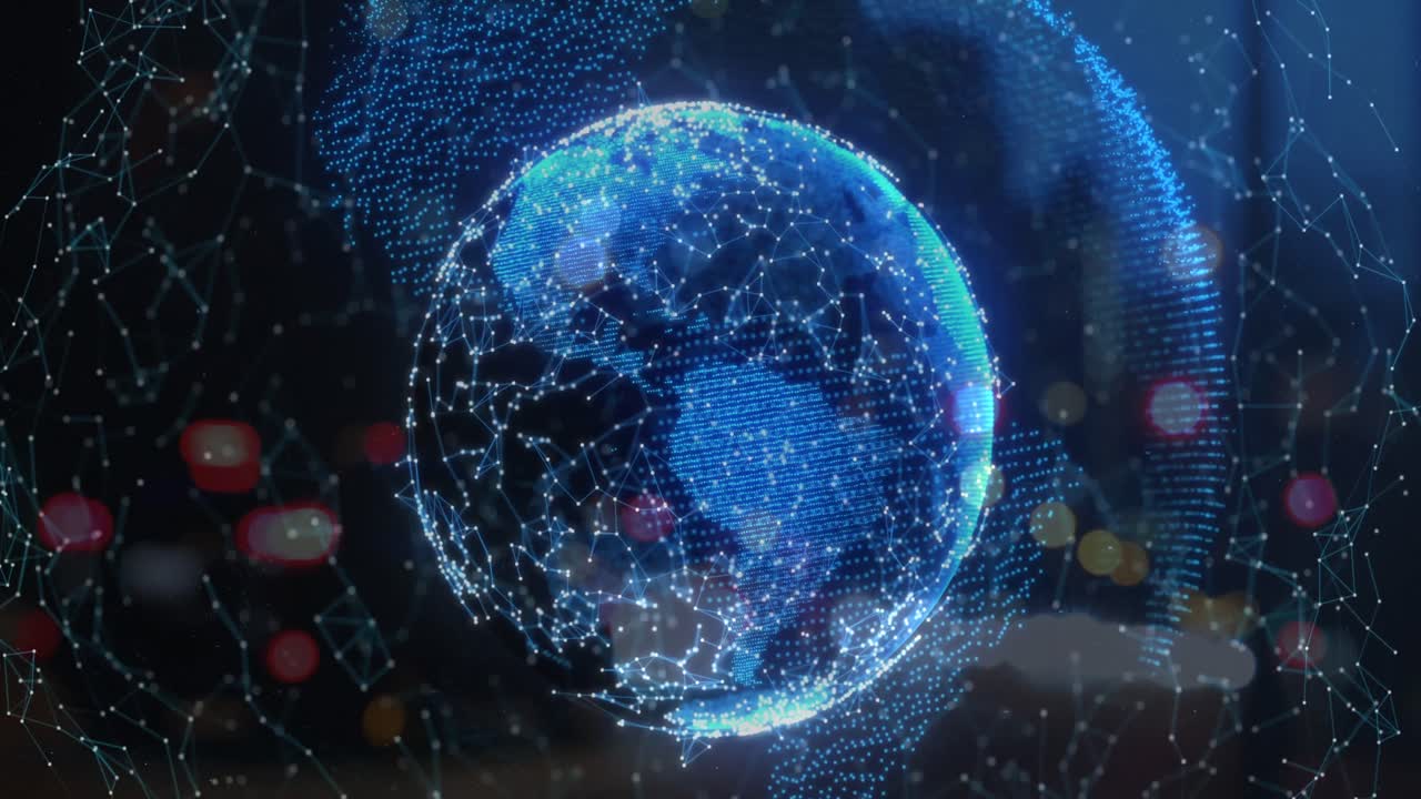 Animation of digital icons over glowing blue globe of connections in background
