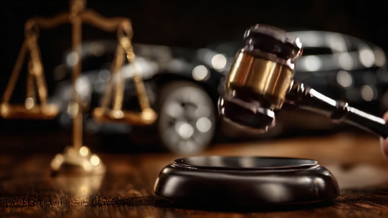 Un primo piano di un martello da giudice e della bilancia della giustizia con un'auto sullo sfondo, a simboleggiare l'intersezione tra diritto, giustizia e industria automobilistica.