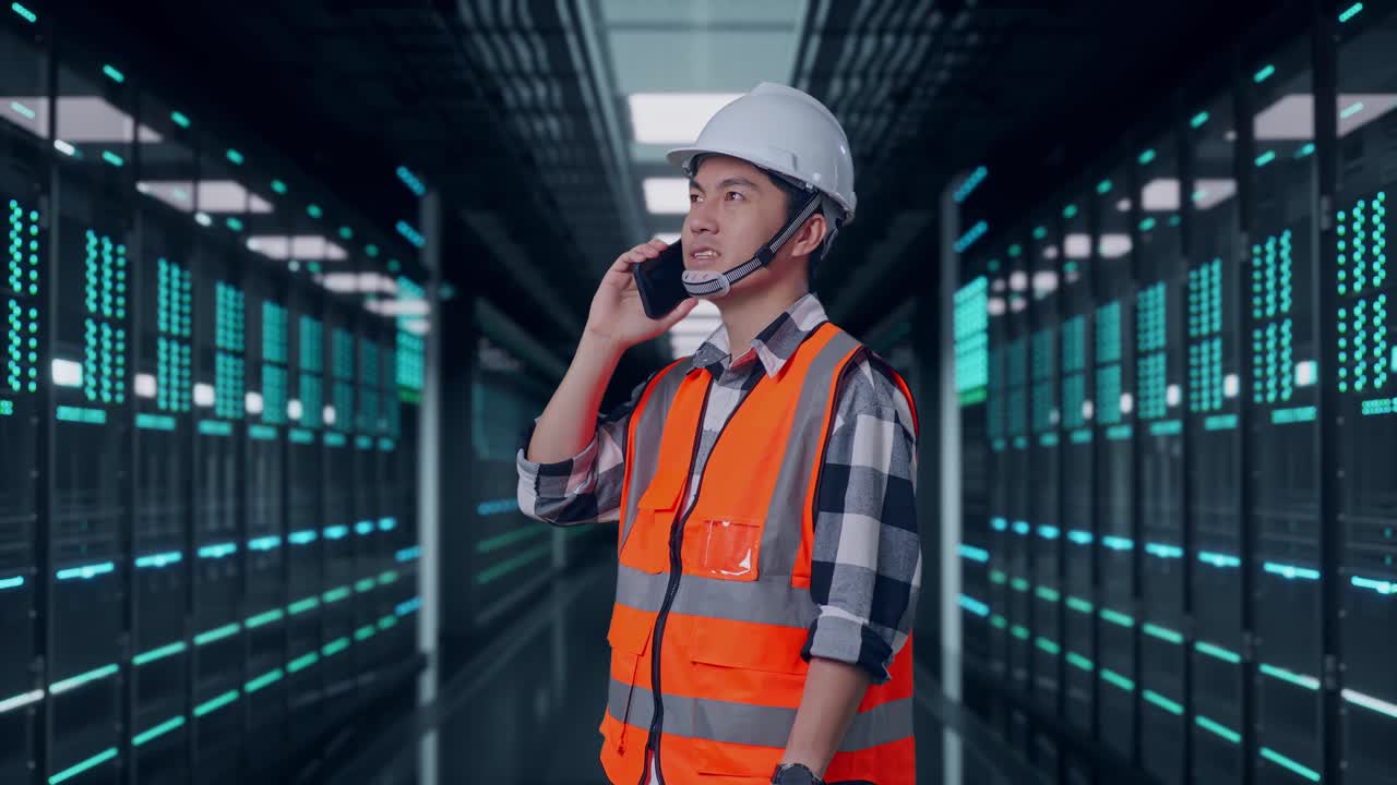 Vista lateral de un ingeniero asiático con casco de seguridad hablando por smartphone mientras está de pie en un centro de datos.