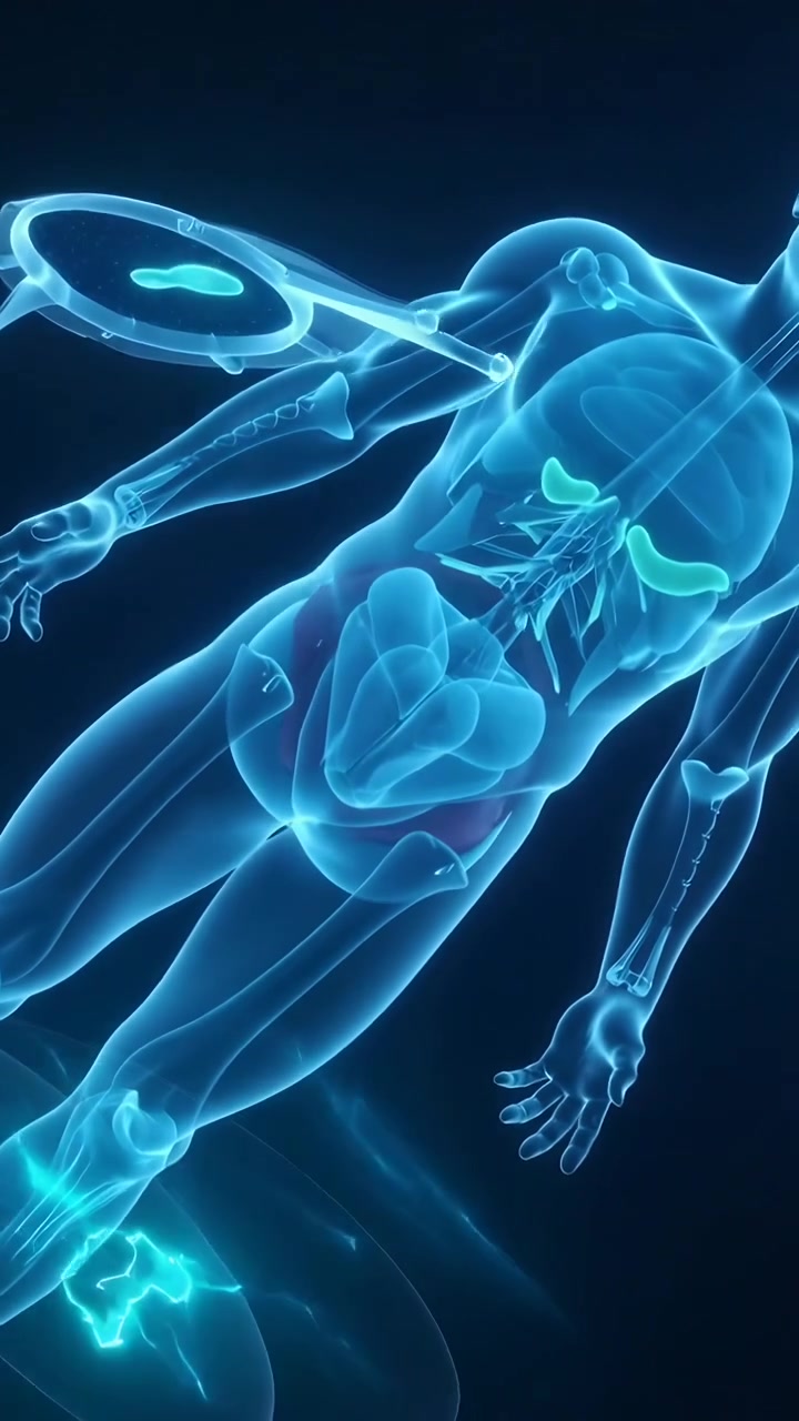 Vertical video: Orbiting scanner approaching clear torso in blue void, pulsing organs for diagnosis