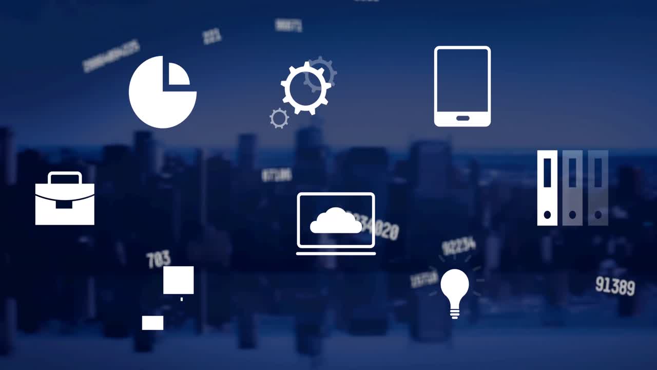 animación de múltiples iconos digitales y números cambiantes contra la vista aérea del paisaje urbano.