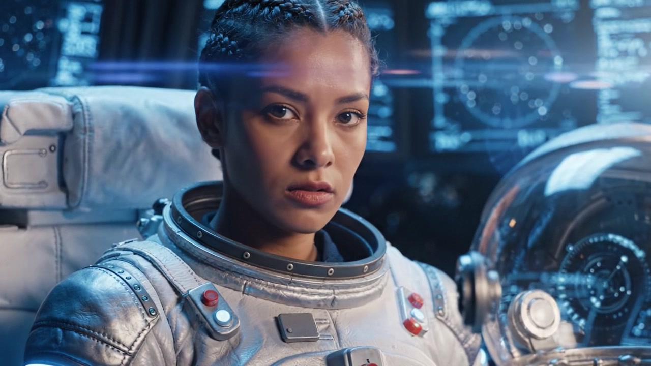 La determinazione di un astronauta: un viaggio attraverso l'esplorazione spaziale che cattura la risolutezza e la concentrazione di un'astronauta in un'astronave ad alta tecnologia