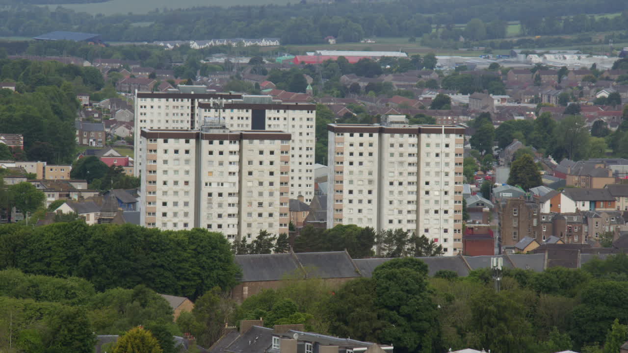 Long shot of concrete high rise blocks of flats in Dundee. burnside court, Ancrum Court, elders court, Adamsons court,