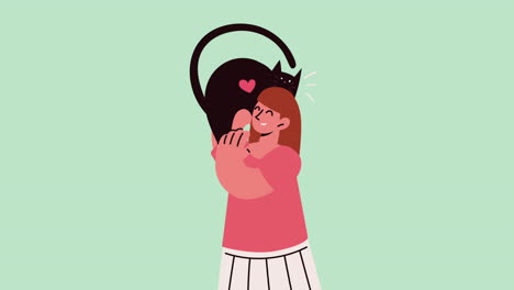 mujer abrazando a un gato negro