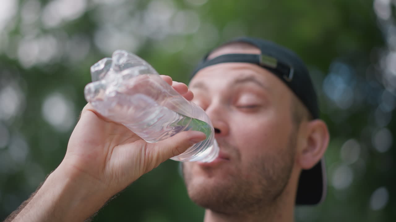 야외에서 물을 마시는 젊은 남성, 활동 후 약간 땀을 흘리며 플라스틱 병으로 물을 마시는 남성의 클로즈업, 야구 모자를 거꾸로 쓰고 있으며, 배경은 녹색이고 부드러운 햇빛이 비쳐요.