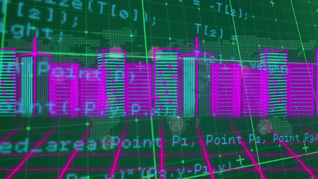 Animation of cityscape and data processing over grid