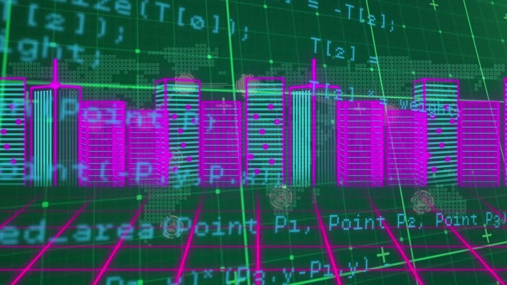 Animation of cityscape and data processing over grid
