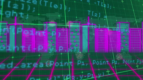 animation of cityscape and data processing over grid
